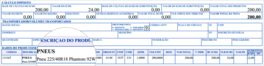 Danfe com descrição dos produtos