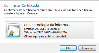 A imagem mostra uma tela de confirmação de certificado digital, necessário para consultar a disponibilidade de um webservice da SEFAZ.