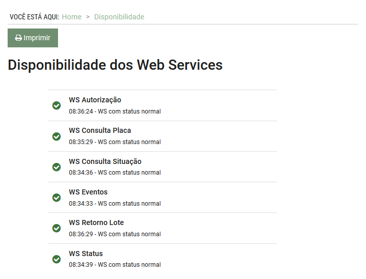 Imagem demonstrando o menu de Disponibilidade dos Web Services do Portal do Manifesto Eletrônico de Documentos Fiscais.